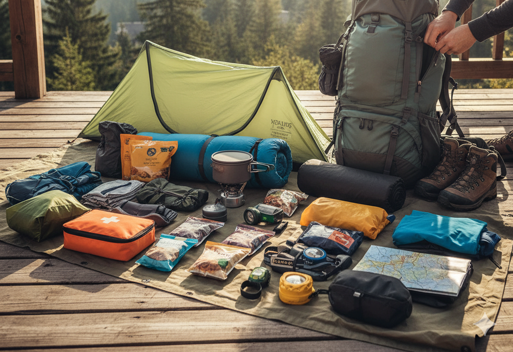 Backpacking gear laid out on the ground before a hiking trip