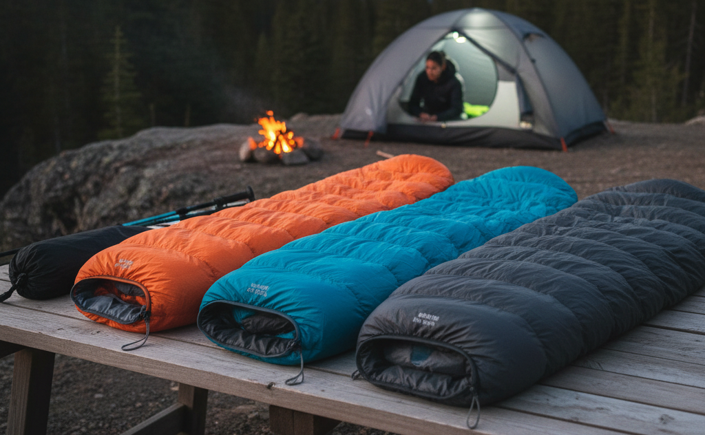 Sleeping bag laid out inside a camping tent in the wilderness