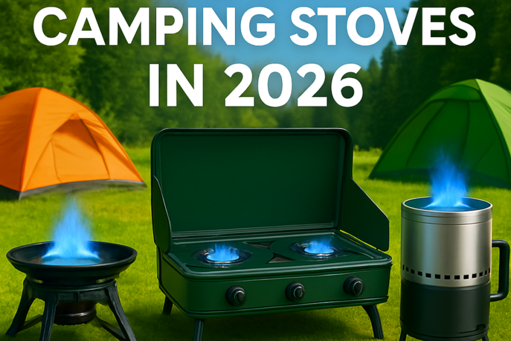 Camping stove boiling water at a campsite in the mountains