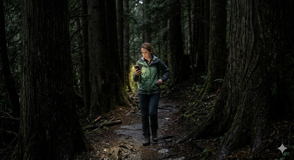 Hiker on dark forest trail at night without headlamp