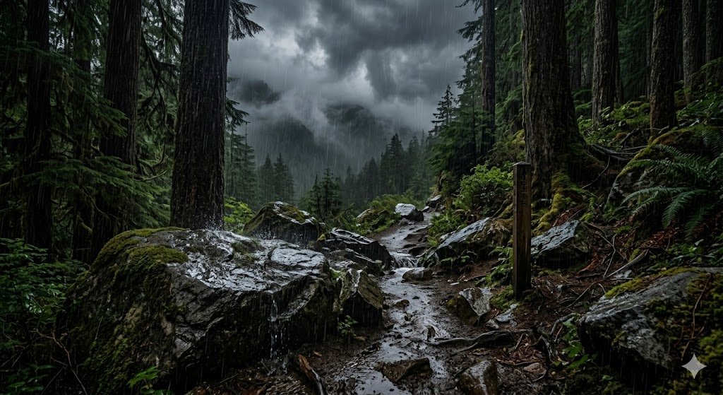 Dark stormy trail in mountain forest during thunderstorm