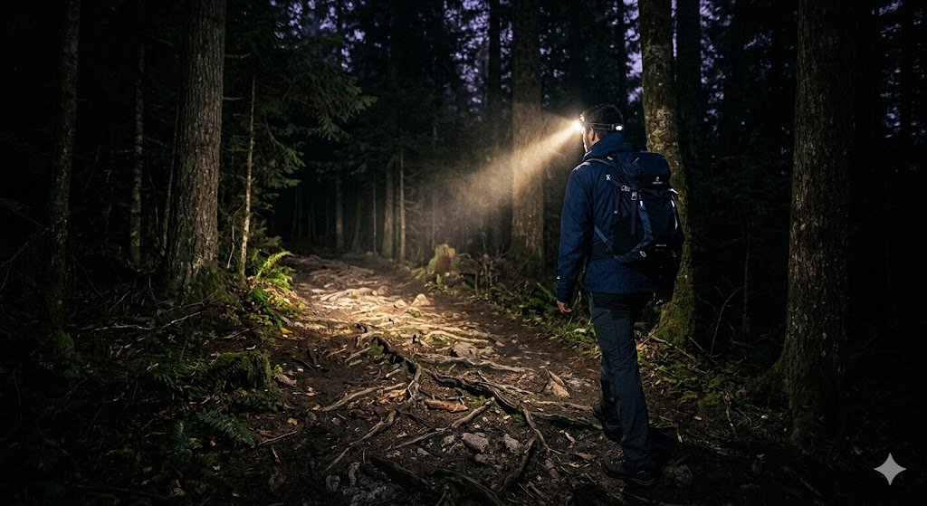 hiker wearing headlamp on dark forest trail at night