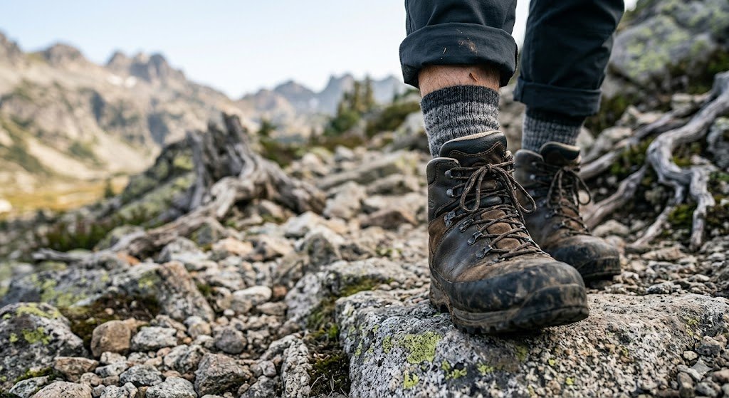 hiking boots and merino wool socks on rocky mountain trail