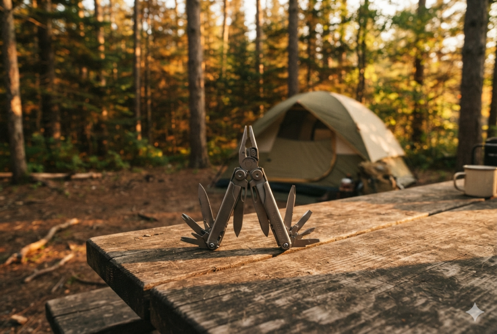 Multi-tool for camping and hiking displayed on a wooden table outdoors