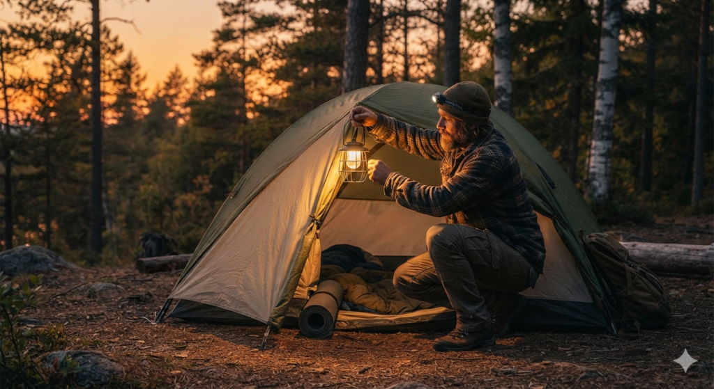 camping lantern - rechargeable LED lantern hanging at campsite at dusk